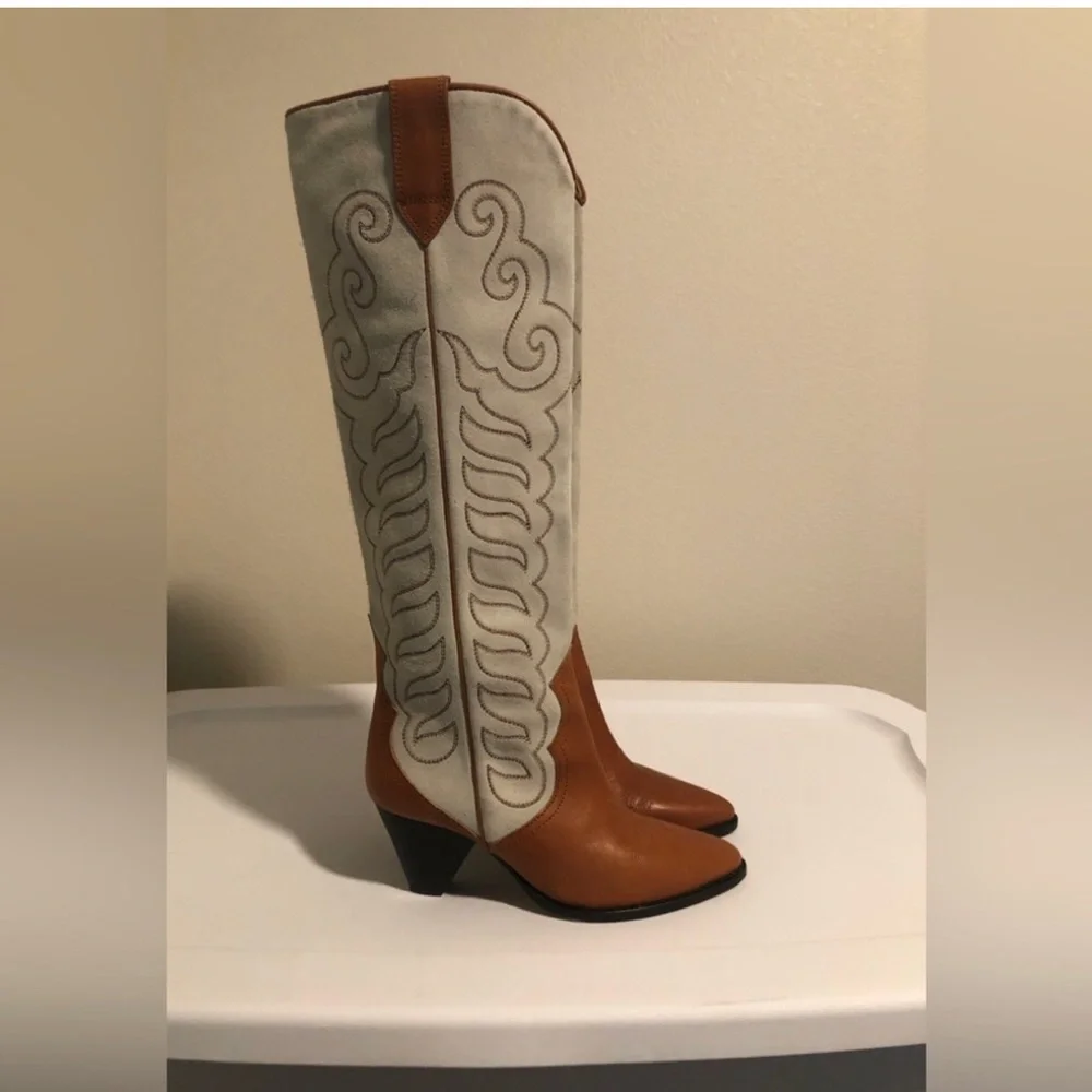 Isabel Marant Liela 60mm chalk/cognac tall western boots 37=7 - Picture 2 of 8